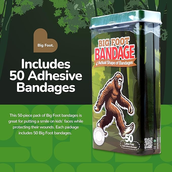 BioSwiss Kids Bandages, Bigfoot Shaped Self Adhesive Bandage Set, Latex Free, Sterile Wound Care, 50 Count