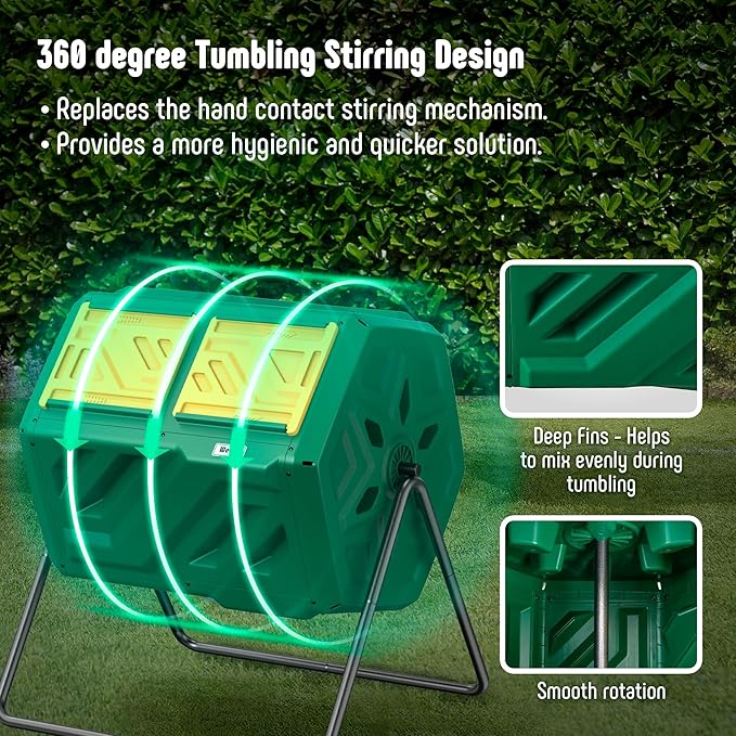 Compost Bin, Outdoor Composter, Fast Assembly 43 Gallon Dual Chamber Outdoor Compost Tumbler, Heavy Duty Tumbling Rotating Composter for Patio, Garden, Yard, Green, Easy Setup, Gloves Included