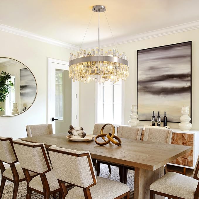 Siljoy Modern Crystal Chandelier for Dining Room, 12 Lights Luxury 2-Tiers K9 Crystal Chandelier Raindrop Pendant Ceiling Light for Living Room Kitchen Island Entry Foyer D23.6'', Brushed Nickel