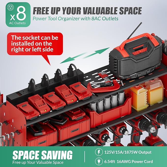 Suchtale Power Tool Organizer Wall Mount with Charging Station,33.2" Garage Storage,8 Drill Holders,3 Layers Heavy Duty Metal Shelf,Built in 8 Outlets Power Strip,Christmas Gift for Dad,Men,Red