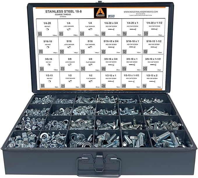 Titan Industrial Supply-1275 Piece Stainless Steel Hex Head Cap Screw (Bolt), Nut, and Washer Assortment 18-8 (304) Coarse Thread Set