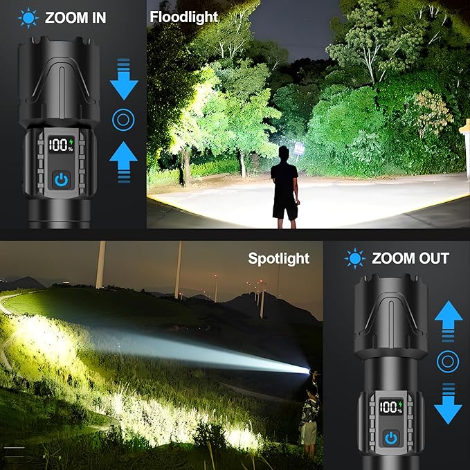 Rechargeable Tactical Flashlights High Lumens - 5000mAh Super Bright LED Powerful Flash Light, Waterproof Handheld USB C Flashlight for Home,Car,Camping,Emergencies,5 Modes,Christmas Gifts(1, Black)