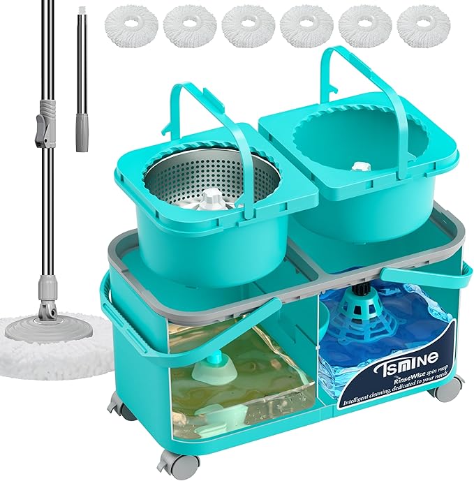 2025 Upgraded Mop Bucket with Wringer on Wheels,Clean & Dirty Water Separation,Spin Mop and Bucket with 6 Reusable Microfiber Mop Heads, 360° Swivel Wheels for Home & Kitchen Cleaning-Blue