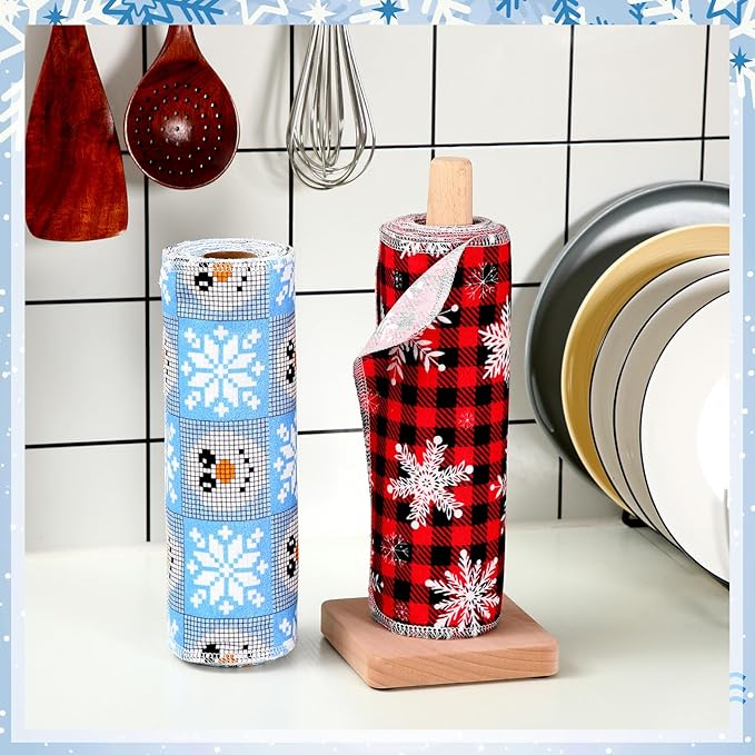 Redbaker 50 Pcs Reusable Paper Towels Paperless Reusable Cotton Cloths Toilet Absorbent Washable Paper Towels with Roll Kitchen Dishcloth for Kitchen Paperless Dishcloths(Snowman)