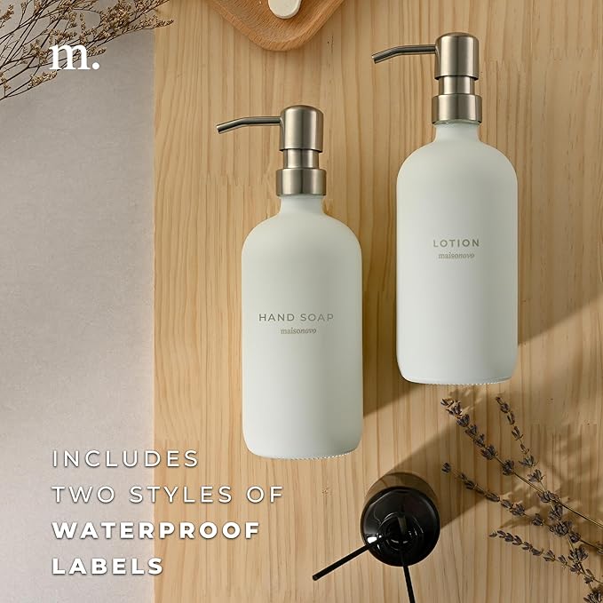 MaisoNovo Soap Dispenser 2-Piece Set | 16.9oz White Bottles with Silver Stainless Steel Pumps