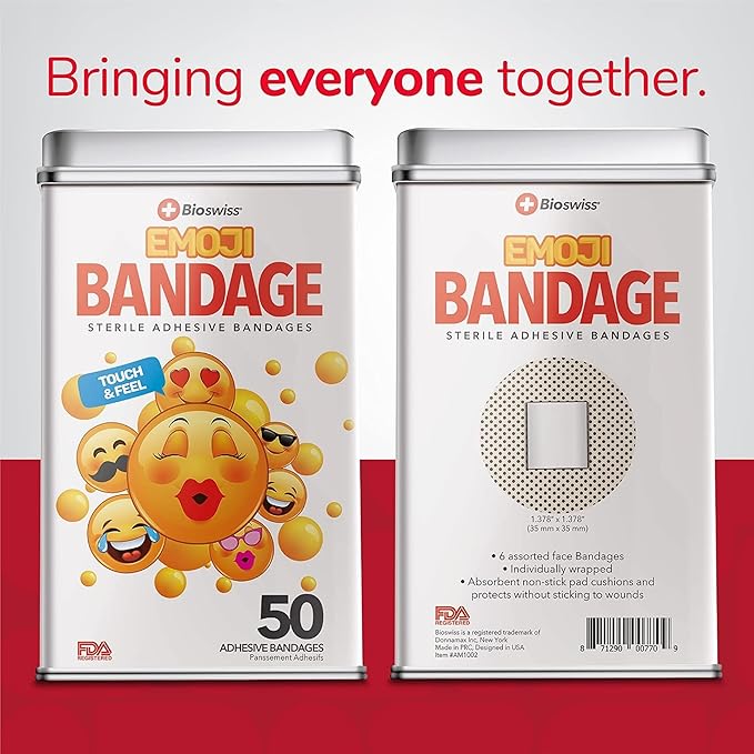 BioSwiss Kids Bandages, Emoji Shaped Self Adhesive Bandage Set, Latex Free, Sterile Wound Care, 50 Count