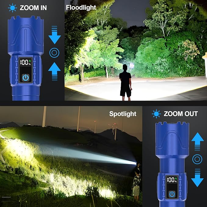 Banral Rechargeable Tactical Flashlights High Lumens - 5000mAh Super Bright LED Powerful Flash Light, Waterproof Handheld USB C Flashlight for Home,Car,Camping,Emergencies,5 Modes,Zoomable (2, Blue)