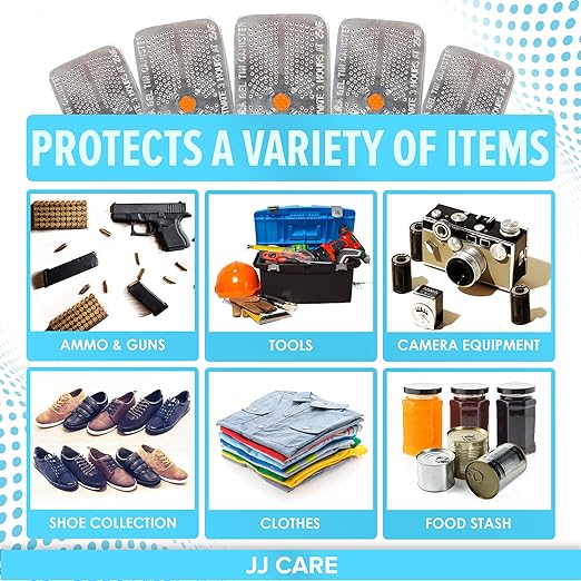 JJ CARE Silica Gel Canister, 50g [Pack of 6] - (Orange to Green) Indicating Rechargeable Dehumidifier Desiccant Beads, Safe Moisture Absorber, Ammo Can Dehumidifier for Gun Safe, Vault, Bedroom, Car