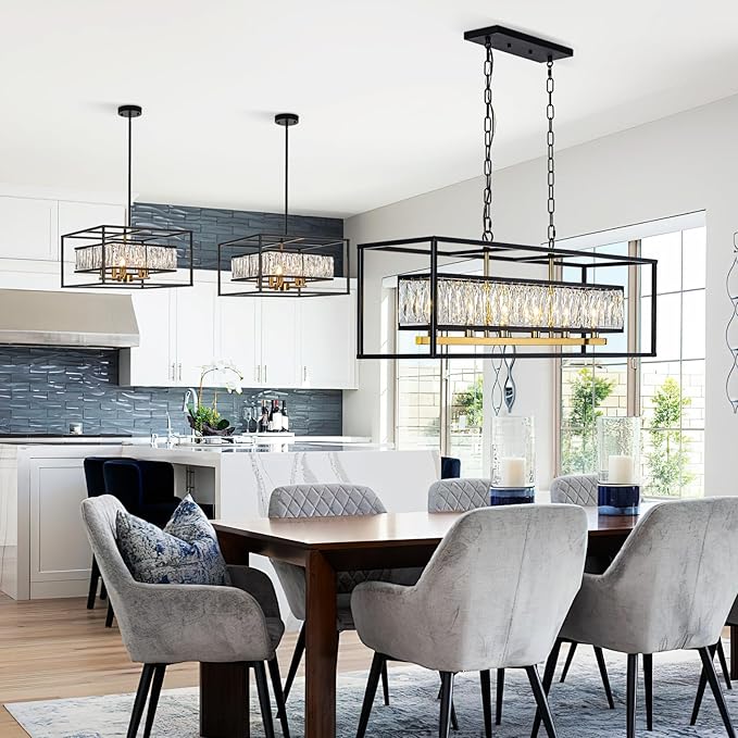 Crystal Chandeliers for Dining Room 6-Light Modern Black Gold Chandelier Rectangle Luxury Ceiling Light Fixture for Kitchen Island L35''