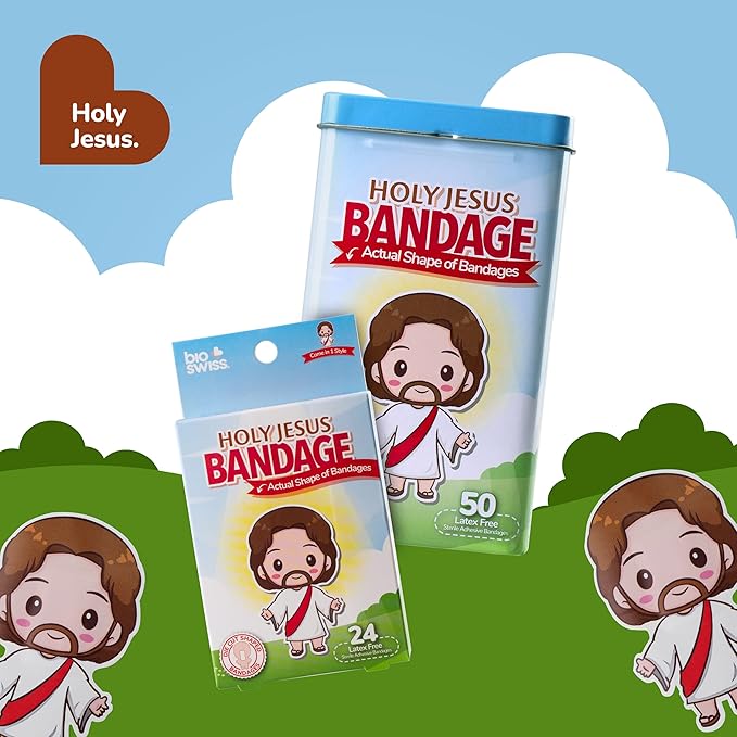 BioSwiss Kids Bandages, Holy Jesus Shaped Self Adhesive Bandage Set, Latex Free, Sterile Wound Care, 50 Count