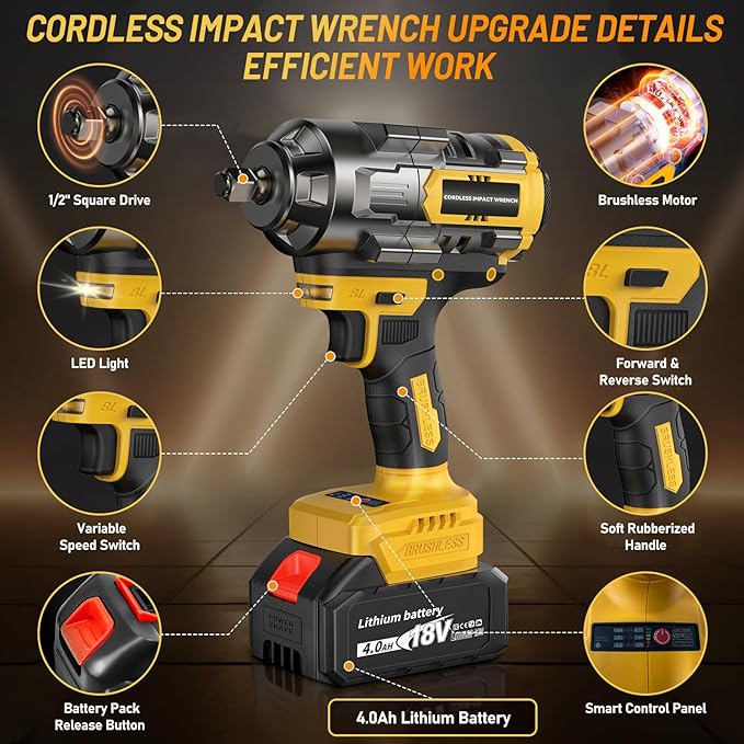 1000Nm(738ft-lbs) Cordless Impact Wrench 1/2 inch, High Torque Brushless Impact Gun w/Two 4.0AH Battery, with Storage Case, Electric Impact Wrench for Car Truck, RV/Mower