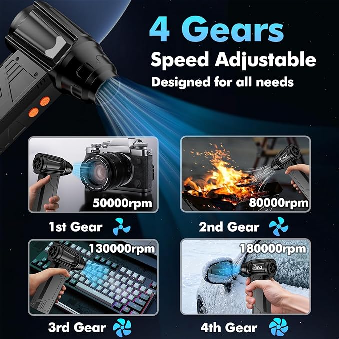 IVJ Compressed Air Duster, 180000RPM Super Power Cordless Electric Air Duster with LED Light Rechargeable 4 Gear Adjustable Mini Air Duster, Dust Blower for Computer, Keyboard, House, Outdoor and Car