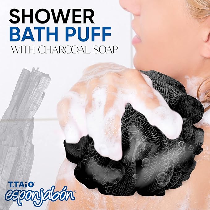 T.Taio Esponjabon Shower Bath Puff Soap Sponge- Loofah Luffa Loufa Body Wash Ball - Mesh Pouf Scrubber for Full Cleanse Lather Skin Care - Essential Beauty Bathroom Accessories - Charcoal Scent