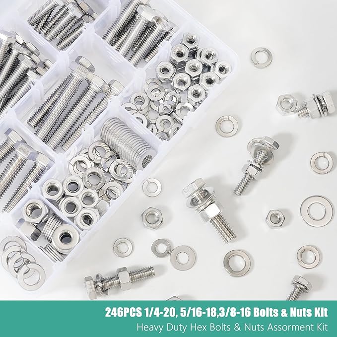 246PCS Heavy Duty Hex Bolts and Nuts Kit, 1/4-20, 5/16-18,3/8-16 Nuts and Bolts Assortment Kit,304 Stainless Steel Bolts and Nuts Kit,Lock and Flat Washers with Storage Box