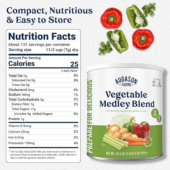 Augason Farms Vegetable Medley Blend Can - Dehydrated Mixed Veggies - Gluten Free Emergency Food Supply with Long Shelf Life for Survival, Disaster Prep & Everyday Meals - 131 Servings
