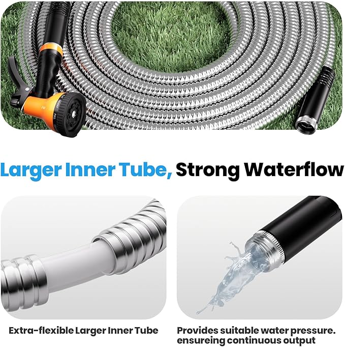 Garden Hose Metal 25 FT, Flexible Stainless Steel Water Hose with 10 Function Nozzle, Kink Free, Lightweight & Durable, Crush Resistant Fitting, Puncture Proof Hose for Yard, Rv, 600 PSI 2025 New