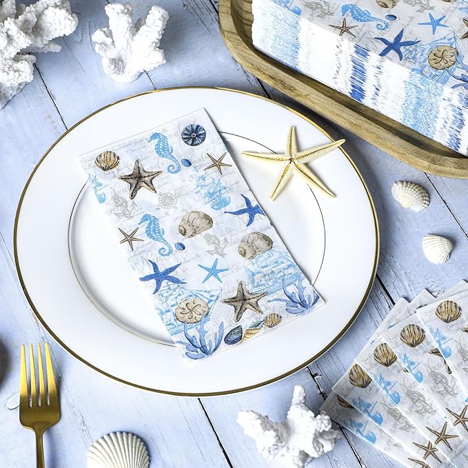 Jetec 200 Pieces Sea Paper Napkins Summer Paper Guest Towels for Bathroom Decorative Sea Blue Starfish Disposable Guests Paper Napkins Nautical Coastal Hand Towels for Bathroom Wedding Dinner Party