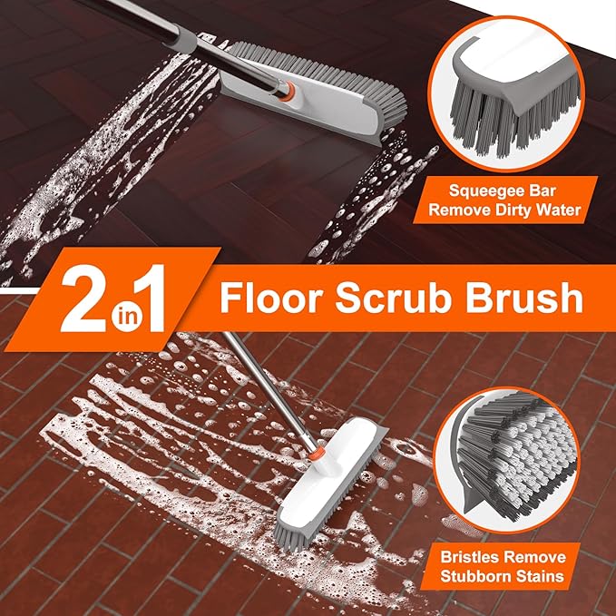 BITOPE 55" Deck Brush Long Handle Scrub Brush with Stiff Bristle 2 in 1 Heavy Duty Floor Scrubber Brush for Cleaning Floor Garage Bathroom Kitchen Wall Patio Concrete Balcony