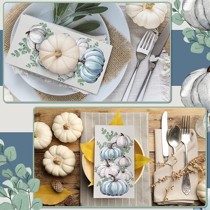 Jetec 200 Pcs Fall Napkins Thanksgiving Disposable Guests Paper Napkins White and Blue Pumpkin Disposable Hand Towels for Bathroom Thank You Gifts Decorative Napkins for Wedding Shower Birthday Party