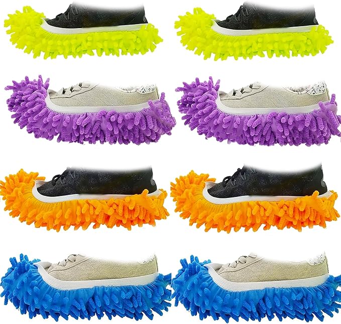 M-jump 8 PCS 4 Pairs Duster Mop Slippers Cover, Multi Function Chenille Fibre Washable Dust Mop Floor Cleaning Shoes for Bathroom, Office, Kitchen, House Polishing