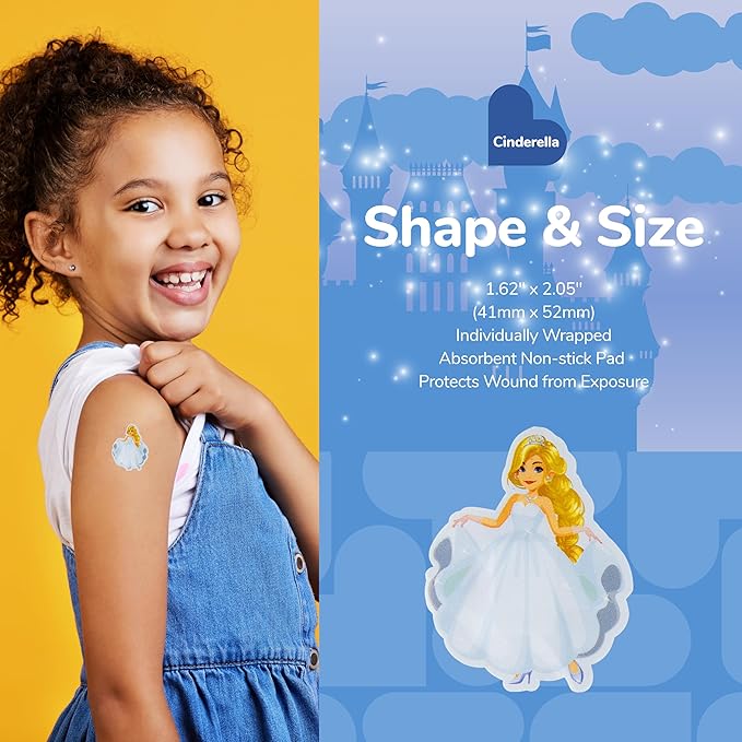 BioSwiss Kids Bandages, Princess Cinderella Shaped Self Adhesive Bandage Set, Latex Free, Sterile Wound Care, 50 Count