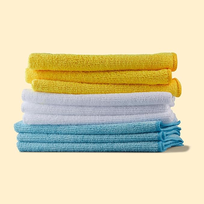 Amazon Basics Microfiber Cleaning Cloths, Non-Abrasive, Reusable and Washable, Pack of 36, Blue/White/Yellow, 16" x 12"
