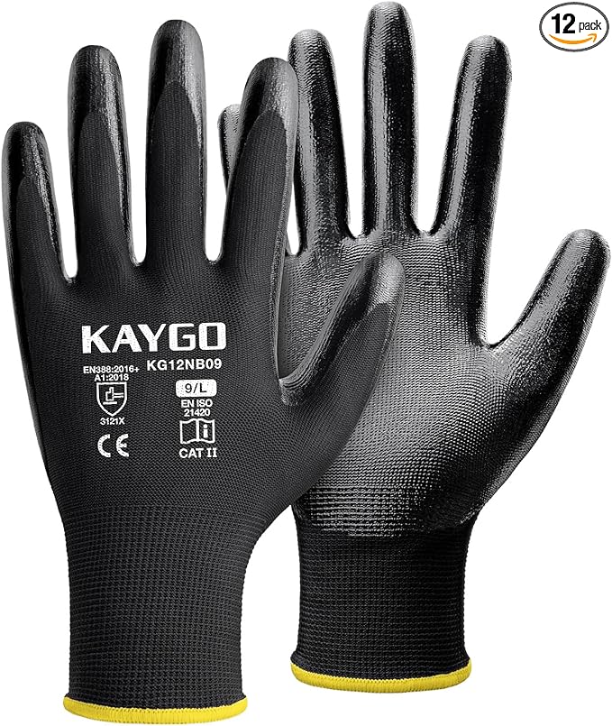KAYGO Work Gloves Nitrile Coated, 12 Pairs KG12N，Seamless Knit, Protective Safety Work Gloves with Good Grip for General Work,Black,L