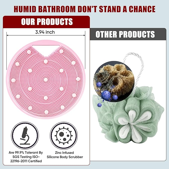 Heavy Duty Silicone Body Scrubber – Anti Zinc Infused-Lymphatic Brush Exfoliating Body Scrubber for Shower Body,with Stiff and Soft Bristles for Anti-Puffiness,Blood Circulation- Pink
