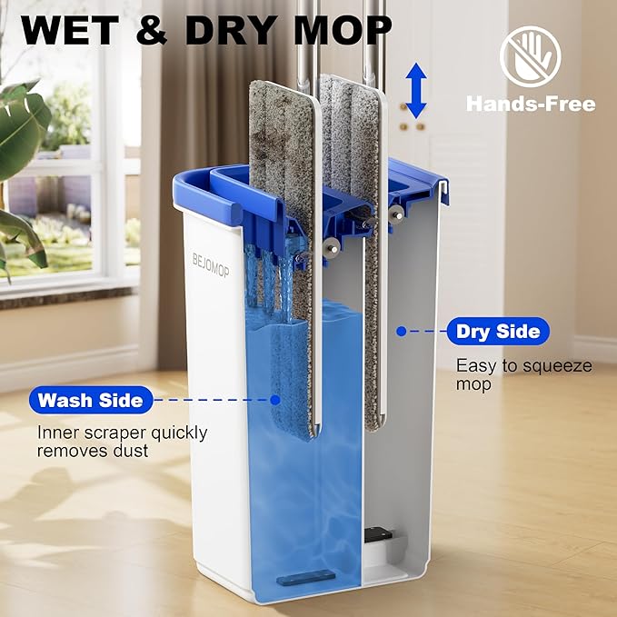 Mop and Bucket Set with Wringer, Dry & Wet Dust Mop for Household Floor Cleaning with 5 Microfiber Mops, Flat Squeeze Spin Wall Mop Cleaner with Long Handle, Slate Blue