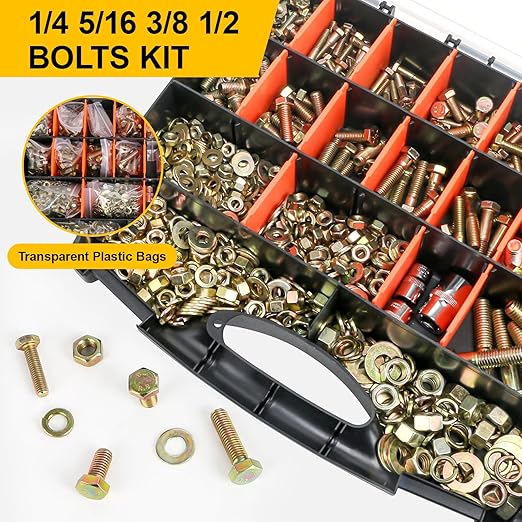 1000PCS Grade 8 Bolt Assortment Kit, Heavy Duty Bolts and Nuts Kit, 1/4-20 5/16-18 3/8-16 1/2-13 SAE Grade 8 Alloy Steel Hex Cap Screws Nuts Washers, Comes with 4 Bits（Yellow Zinc Plated）