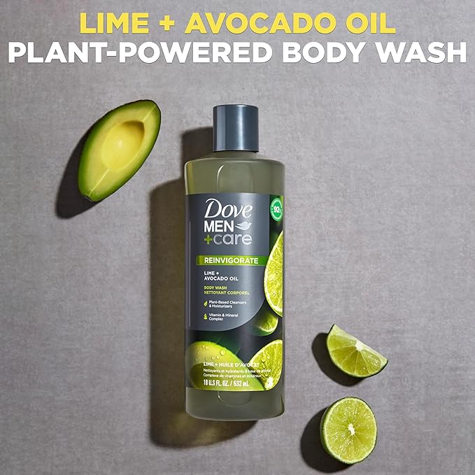 DOVE MEN + CARE Body 4 Count Wash Lime + Avocado Oil to Rebuild Skin in the Shower with Plant-Based Cleansers and Moisturizers 18 oz