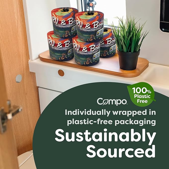 Compo Boat & RV Toilet Paper, 100% Bamboo Toilet Paper for Marine, Motor Homes and Travel Camper Use, Rapid Dissolve, Septic Safe, Plastic Free Packaging, 308 2-Ply Sheets per Roll (48 Compact Rolls)