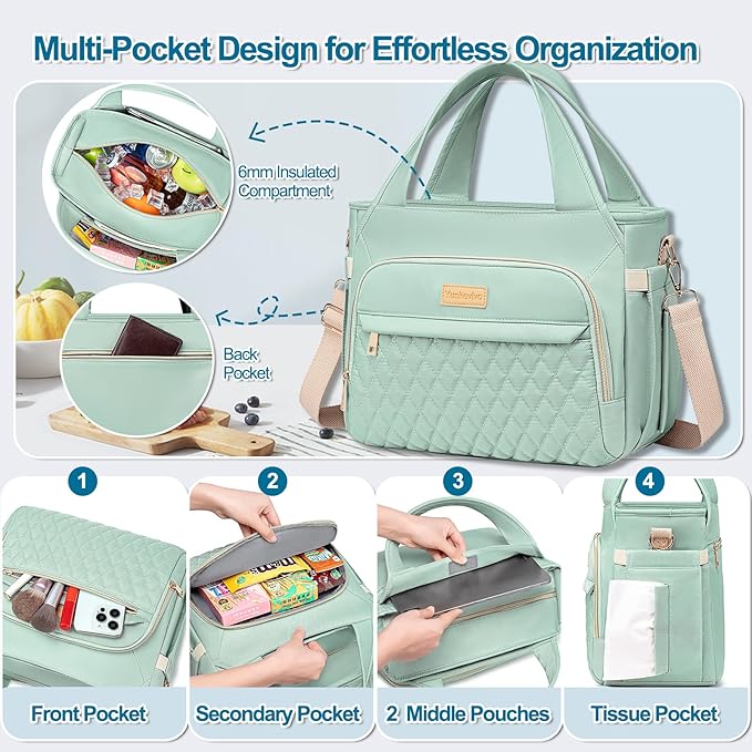 Lunch Bag Lunch Box Women - Insulated Lunch Tote Bag for Women Men, Leakproof Large Womens Lunch Bags for Work, Lunch Cooler Bag for Adult with Side Pocket for Picnic, Hiking, Beach (Green)