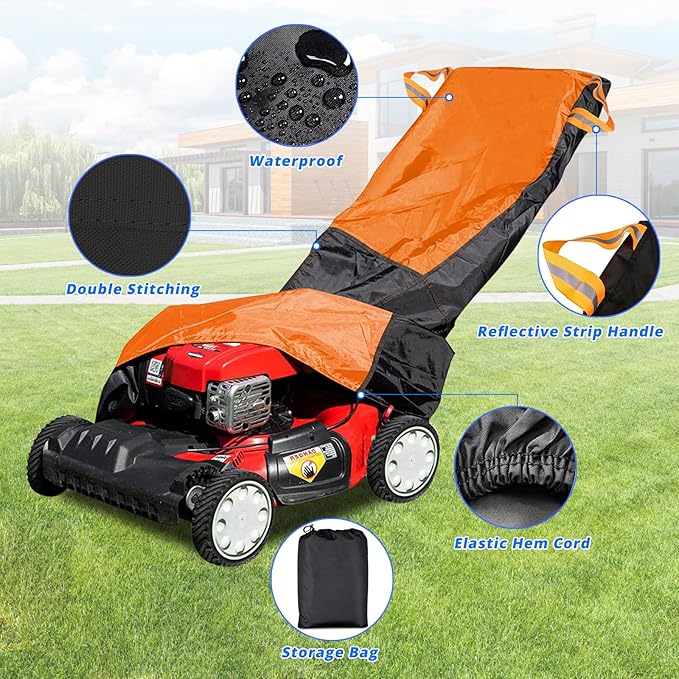 Lawn Mower Cover,Outdoor Push Mower Covers,Waterproof UV Protection Universal Fit Push Mower Cover.Protects Against Dust and Wind, Lawn Mower Accessories, with Storage Bag(Black&Orange)