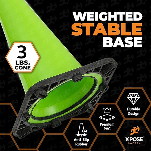 Xpose Safety 18” Lime Green Traffic Cone - 12 Pack - Premium PVC Safety Cone for Parking, Caution, Construction, Road Crews, Emergency Vehicle - DOT Approved
