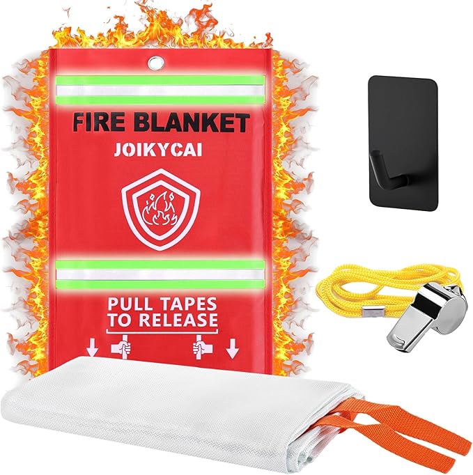 Fire Blankets Emergency For Home Survival Fire Blanket For Home And Kitchen Fire Suppression Blanket Fireproof Fiberglass Fire Safety Blanket RV Grill Fireplace Car Camping Hook Whistle 40"x40" 1 Pack