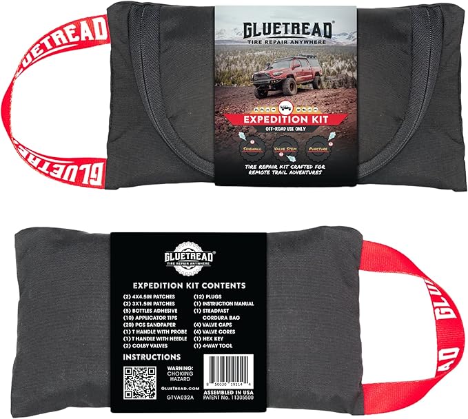 GlueTread Expedition All-Inclusive Off-Road Tire Repair Kit | Repair Any Kind of Tire Damage or Puncture | Includes Sidewall Tire Repair Patches, Plugs, and Colby Emergency Valve Stems