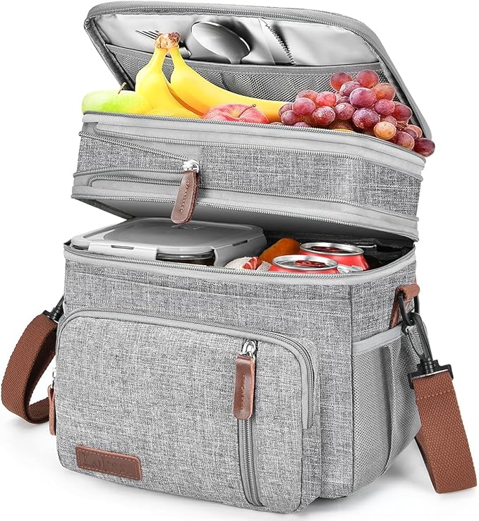 LOKASS Lunch Box & Lunch Bag for Women Men, Expandable Insulated Adult Lunch Box Leakproof Cooler Bag with Adjustable Shoulder Strap, Reusable Womens Lunch Bags for Work Picnic Beach, 16L, Grey