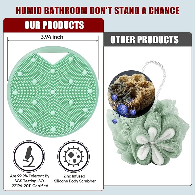Heavy Duty Silicone Body Scrubber – Anti Zinc Infused-Lymphatic Brush Exfoliating Body Scrubber for Shower Body,with Stiff and Soft Bristles for Anti-Puffiness,Blood Circulation - Green