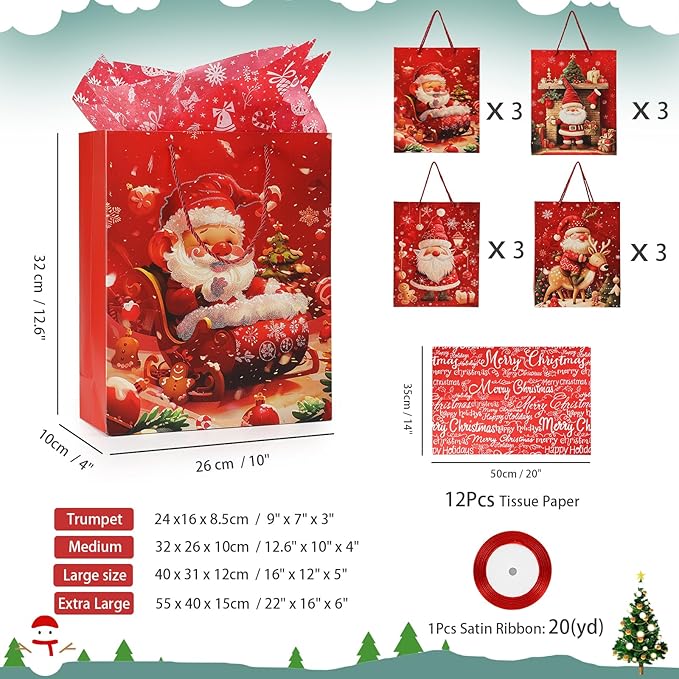 Rusikia 12 Christmas Gift Bags with 12 Tissues and 1 Satin Ribbon, Red Party Favor Bags Bulk with Handles, Glittery Cute Tree Balls Father Christmas Paper Bag for Wrapping, Present (Small 9"x7"x3")