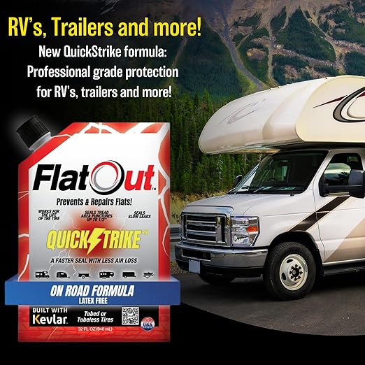 FlatOut QuickStrike Tire Sealant On Road Formula - Prevent Flat Tires, Seal Leaks, Contains Kevlar, 32-Ounce Bag