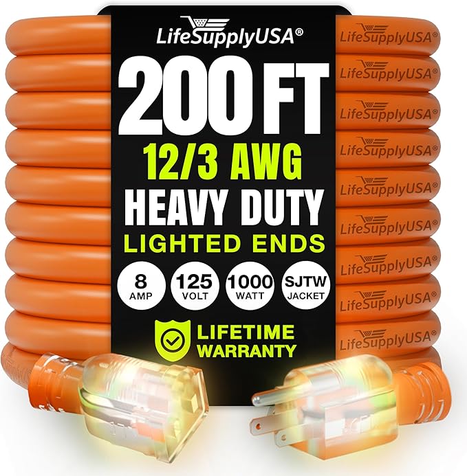 200ft Outdoor/Indoor Extension Cord 12/3 Gauge Extra Heavy Duty 3 Prong SJTW, Waterproof, Flexible Cold-Resistant Long Power Cord,8A 125V 1000W, Orange by LifeSupplyUSA