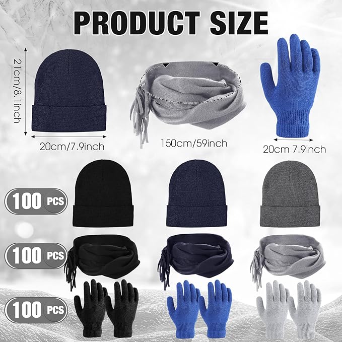Unittype 300 Pcs Winter Beanies Gloves Scarf Set Bulk 100 Knit Skull Cap 100 Pair Winter Gloves 100 Neck Warmer for Men Women