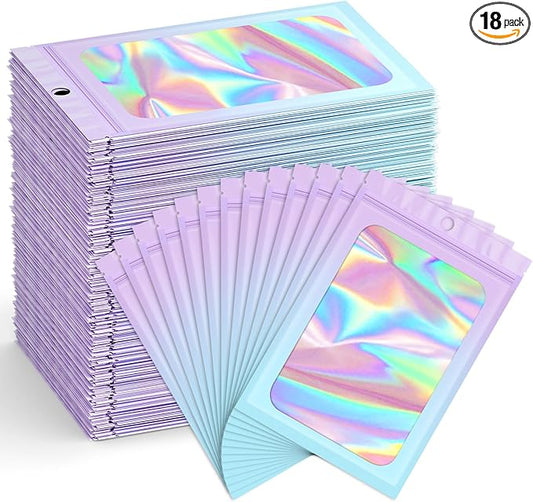 Funfery 300 Pack Smell Proof Resealable Bags for Food Storage,Holographic Bags 4x6 Purple Blue Mylar Clear Packaging Bag- Scent Proof for Cookies, Zip Foil Pouch for Small Business