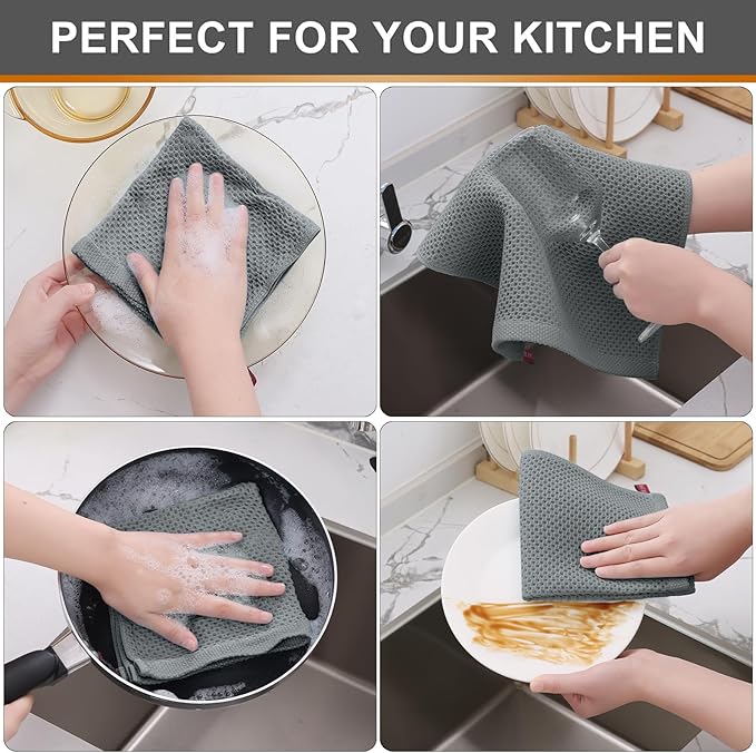 Kitinjoy 100% Cotton Kitchen Dish Cloths (12 X 12 Inches, Grey),6 Pack Waffle Weave Ultra Soft Absorbent Dish Towels for Drying Dishes Quick Drying Kitchen Towels Dish Rags