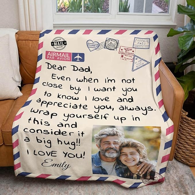 Personalized Fathers Day Blanket Gifts for Dad, Warm Soft Throw Blanket with Letter, Personalized Dad Gift for Fathers Day