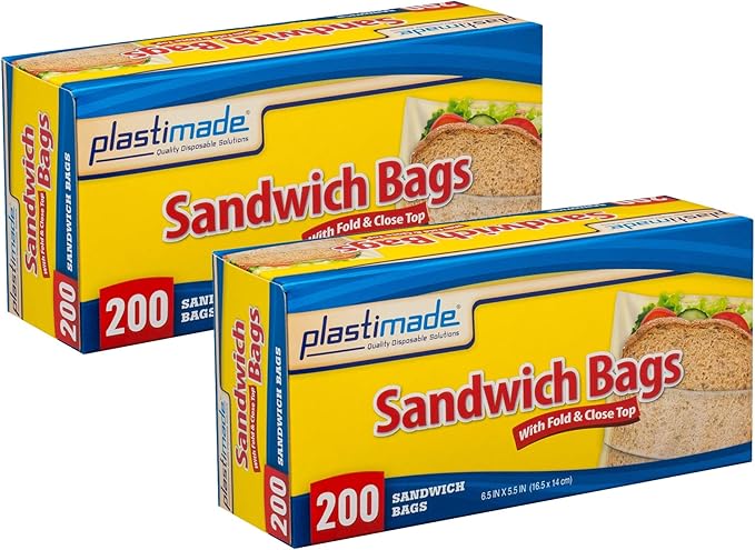 Disposable Plastic Sandwich Bags With Fold Close Top 400 Bags, Great For Home, Office, Vacation, Traveling, Sandwich, Fruits, Nuts, Cake, Cookies, Or Any Snacks (2 Packs)