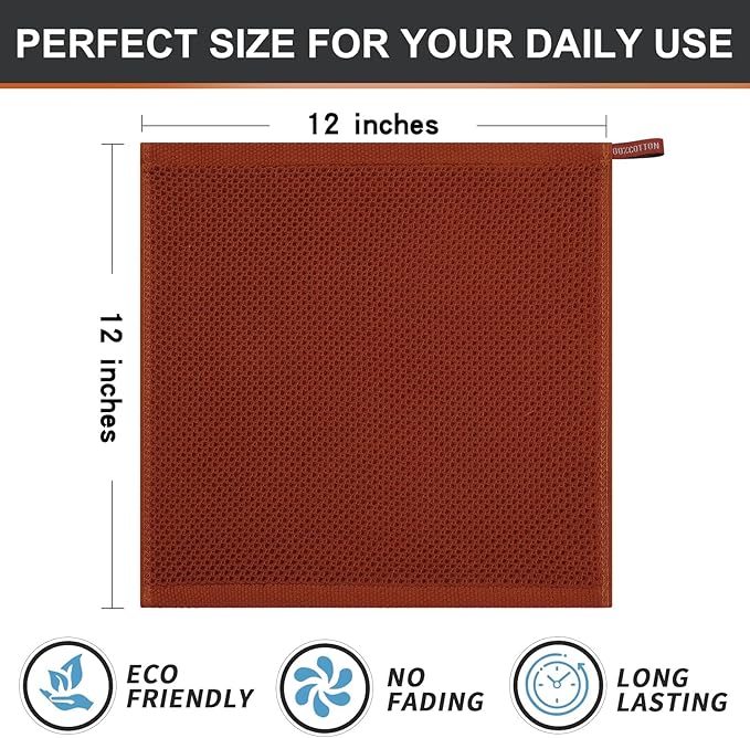 Kitinjoy 100% Cotton Kitchen Dish Cloths, 12 Pack Waffle Weave Ultra Soft Absorbent Dish Towels for Drying Dishes Quick Drying Kitchen Towels Dish Rags, 12 X 12Inch, Rust