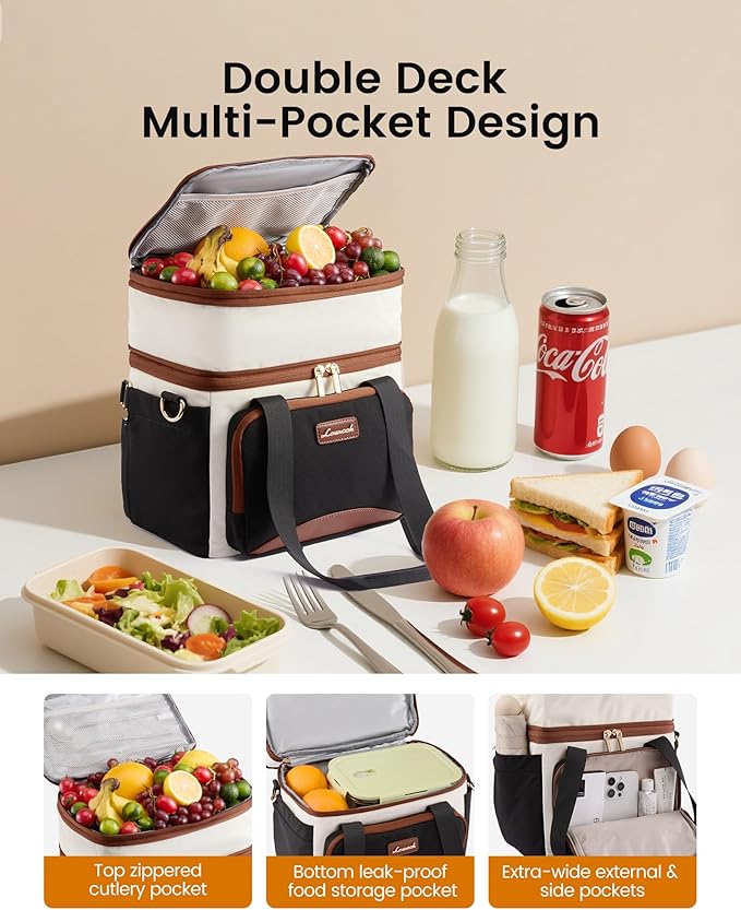LOVEVOOK Insulated Lunch Bag for Women Men,Expandable Double Deck Lunch Box with Large Cup Holder,Leakproof Cooler Bag for Adult Lunch Tote Bag Work Picnic Beach with Adjustable Shoulder Strap Gift