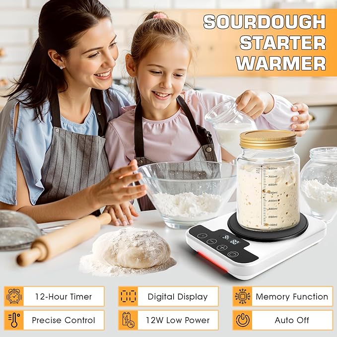 Upgraded Sourdough Starter Warmer, Precise 1°F Thermostat Control (70-100°F) Sourdough Starter Warmer Mat, Smart Memory Heating Mat for Sourdough Fermentation, 12-Hour Timer (White)